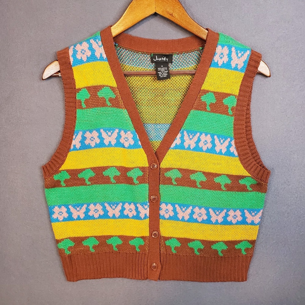 Justify Junior M Crop Sweater Vest Brown Mushroom Butterfly Cottagecore Hippie‎